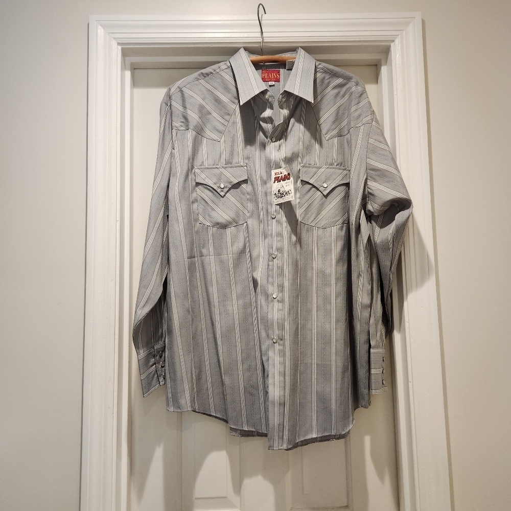 Ely Plains Vintage western pearl snap shirt with gray and white stripe XL